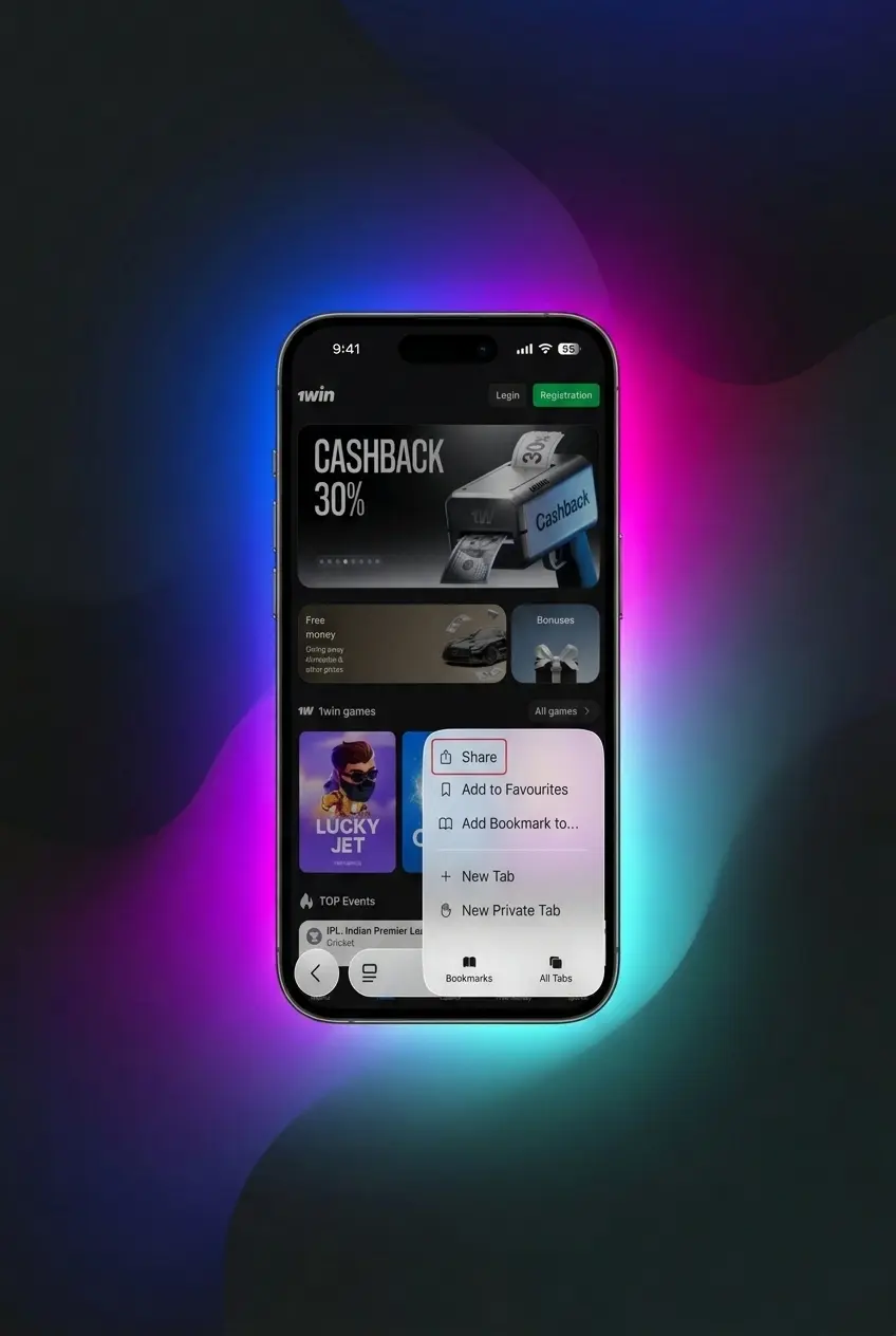 1win Aviator iOS PWA installation steps showing Safari Share menu and Add to Home Screen process