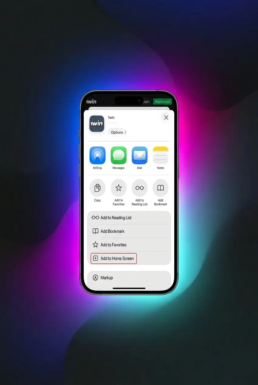 1win Aviator iOS PWA installation steps showing Safari Share menu and Add to Home Screen process on iPhone